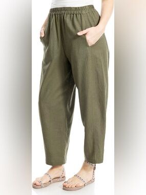 MAX STUDIO Ankle Length Linen Blend Barrel Leg Pants Army Green Olive Large